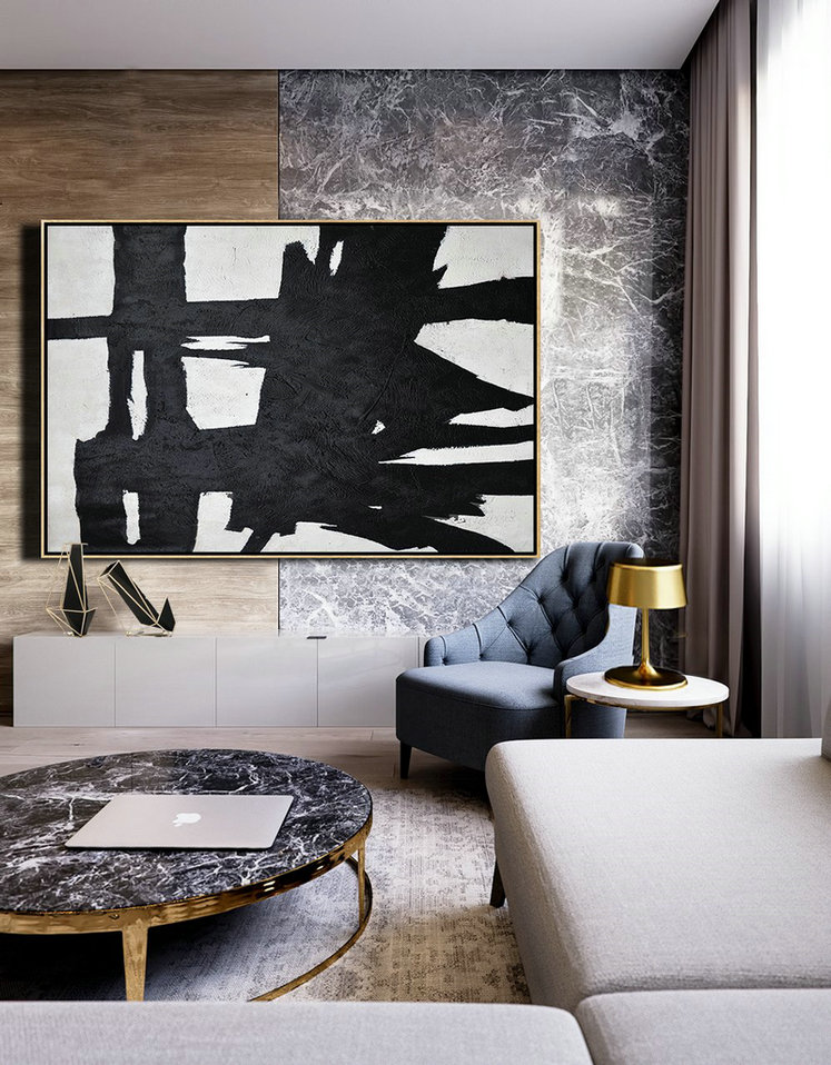 Canvas Artwork For Sale,Horizontal Minimal Painting On Canvas, Black, White And Grey Textured Art - Acrylic Minimailist Painting